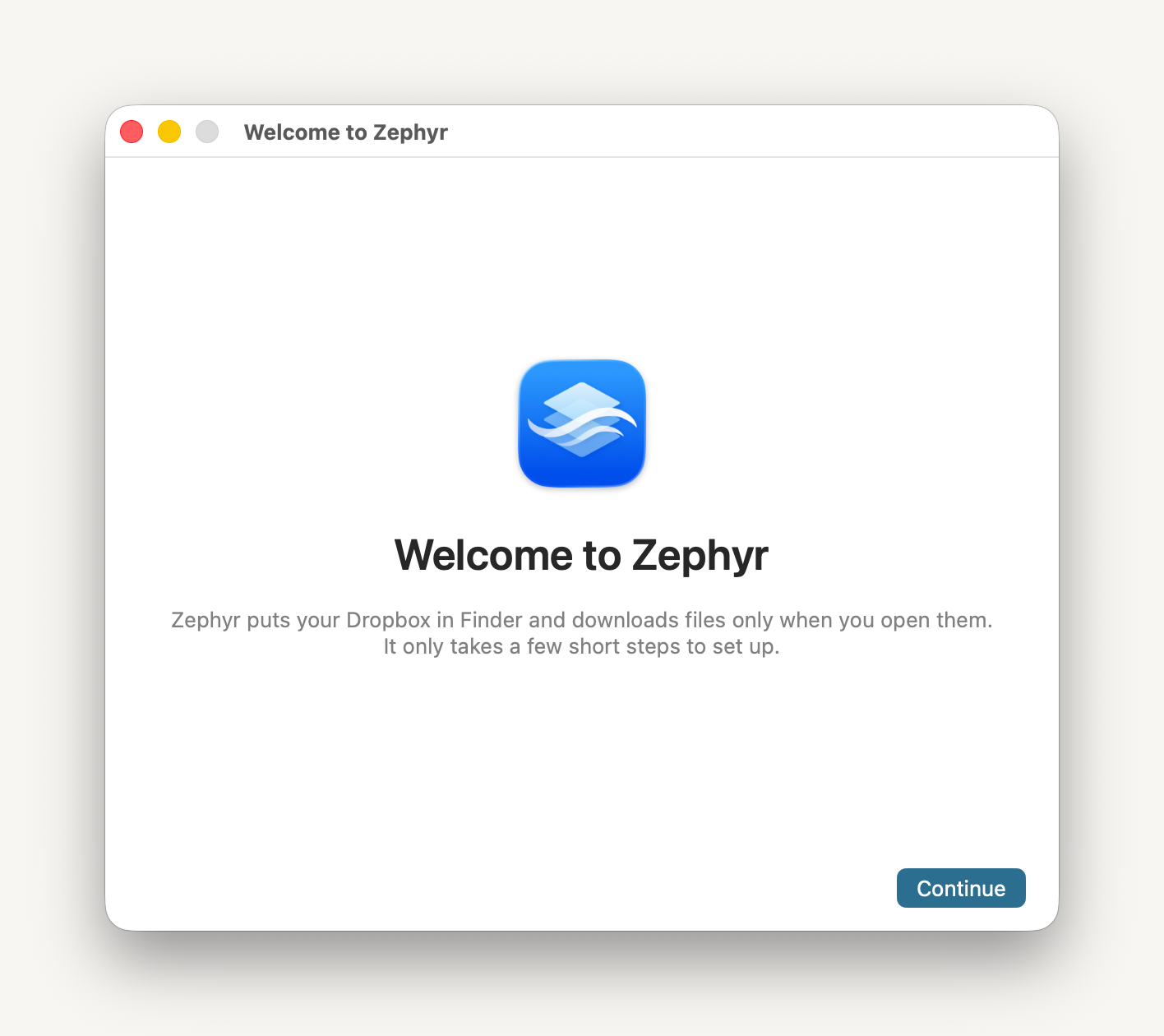 Zephyr’s setup window playing through its seven pages: a welcome, what Zephyr needs, the linked account, the Finder extension, notifications, opening at login, and a closing page.