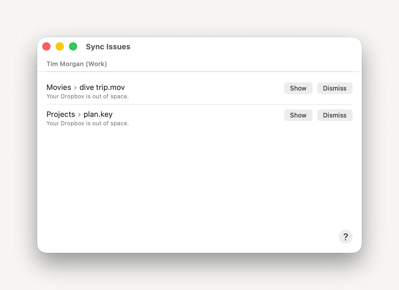 The Sync Issues window listing two files that could not sync, each with the reason and Show and Dismiss buttons.