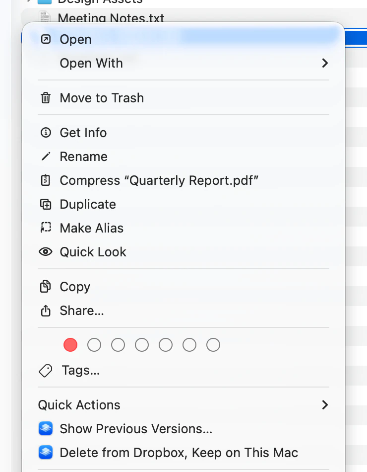 A Finder contextual menu for Quarterly Report.pdf, ending with Quick Actions and then Zephyr’s own commands, Show Previous Versions… and Delete from Dropbox, Keep on This Mac.